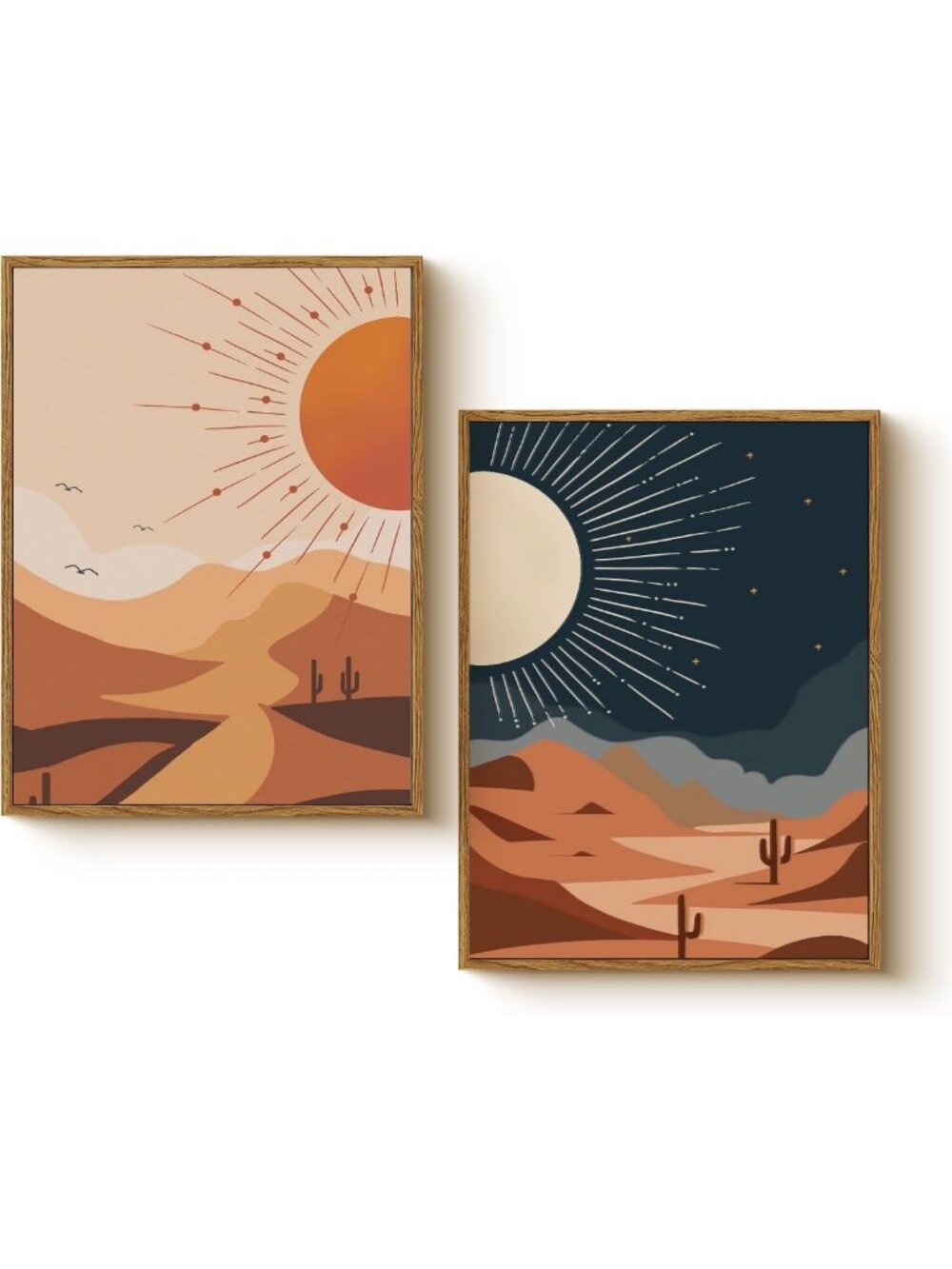 Boho Sun & Moon Wall Art Set - 2 Framed Canvas Prints, 12x16 Abstract Desert